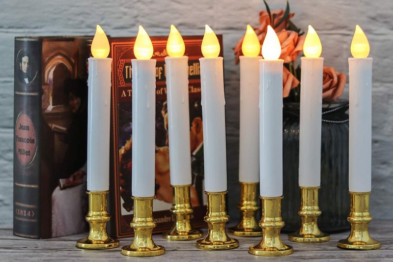 DRomance 9" Flameless Window Taper Candles Battery Operated with 8-Key Remote and Timer, 8 Pack White Christmas Holdiay Window Candles with Gold Holders, Suction Cups and AA Batteries Included - Image 4